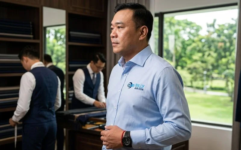 Side view of dress shirt showing proper body fit without billowing